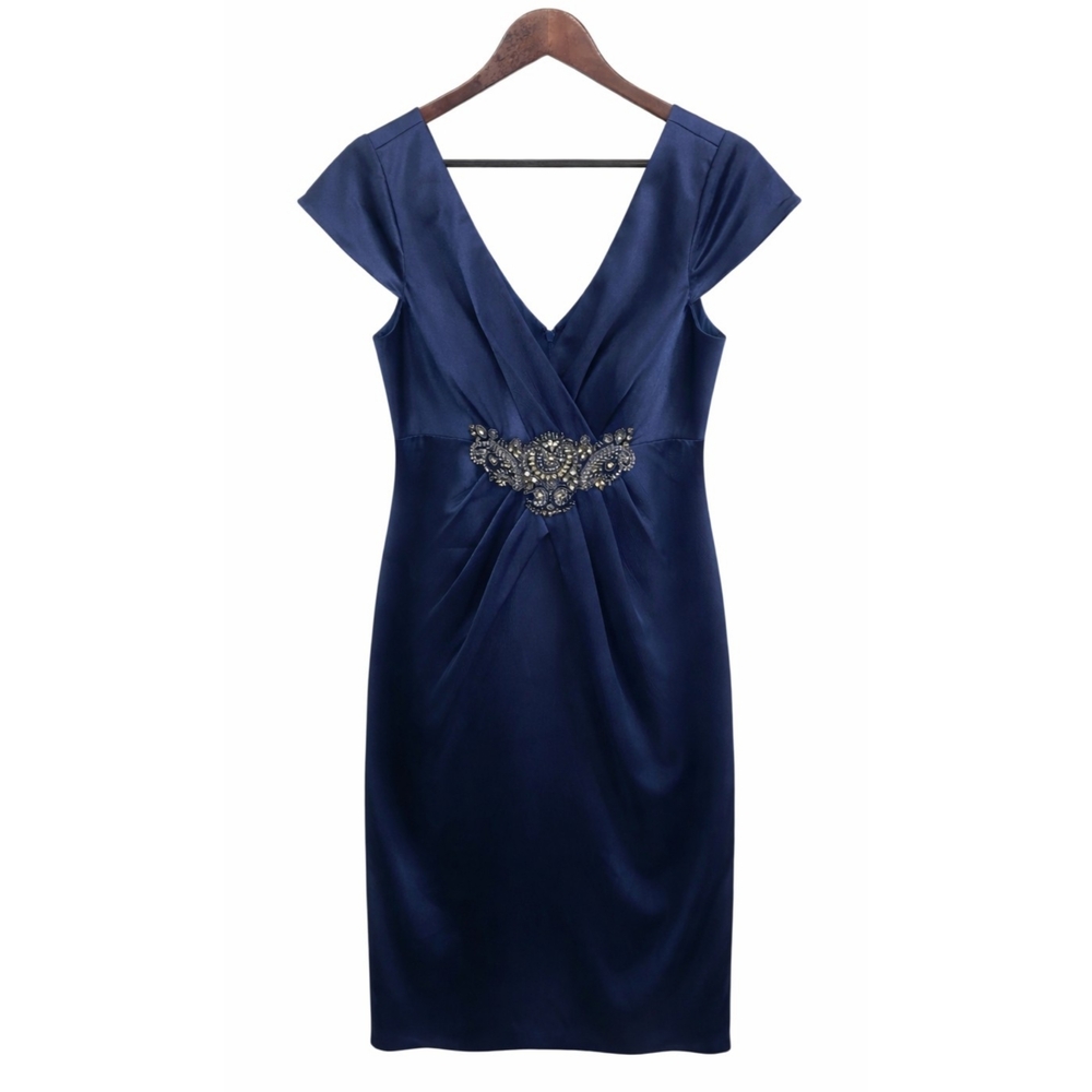 JS Collections Navy V-Neck Rhinestone Knee Length Pencil Dress USA 14 Cap Sleeve